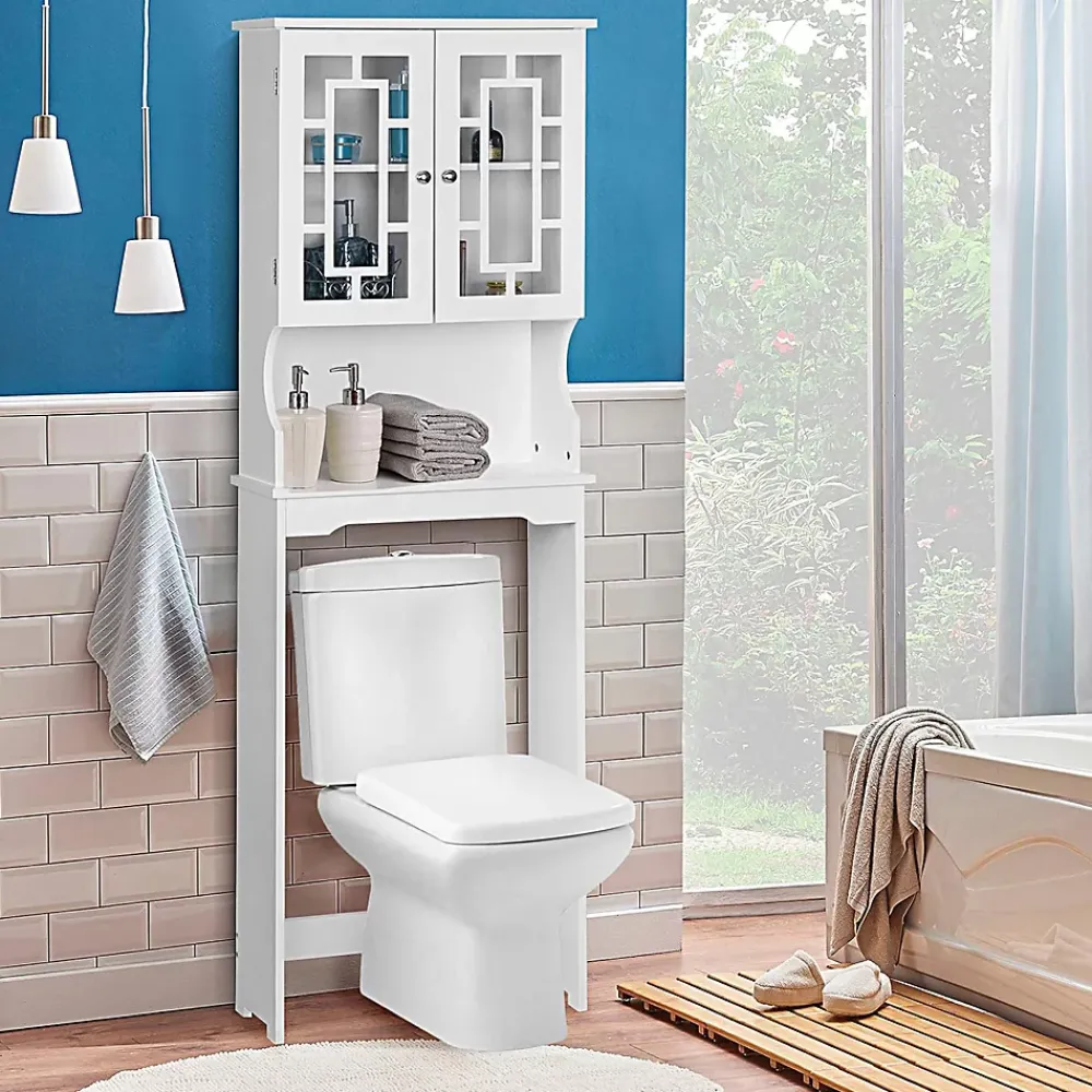 Lave-Mains|Giantex Etagere de Rangement Dessus Toilette Placard avec Deux Portes Transparentes Place de Toilette et Machine a Laver en Bas