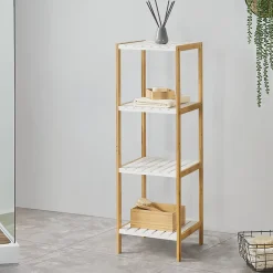 Etagère Salle De Bains|Meuble De Salle De Bains Faible Profondeur|[En.Casa] Etagère de rangement Balsfjord 33 x 34 x 110 cm Bambou Blanc en.casa