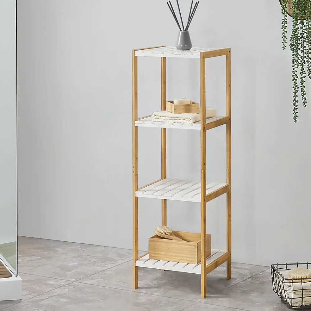 Etagère Salle De Bains|Meuble De Salle De Bains Faible Profondeur|[En.Casa] Etagère de rangement Balsfjord 33 x 34 x 110 cm Bambou Blanc en.casa