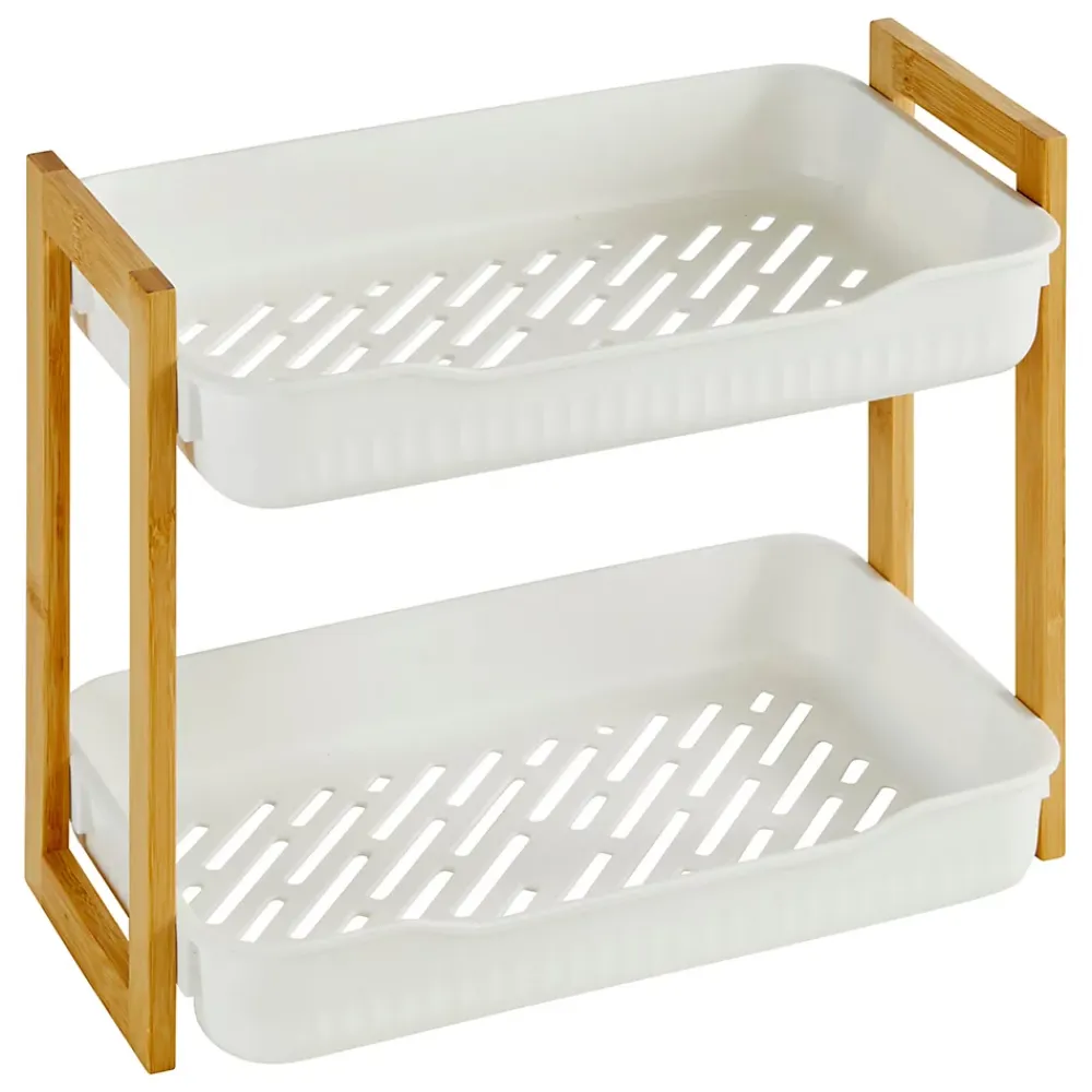 Etagère Salle De Bains|Five Simply Smart Etagère de salle de bain bambou et plastique blanc, 2 niveaux, H.35cm x P.27cm Naturéo