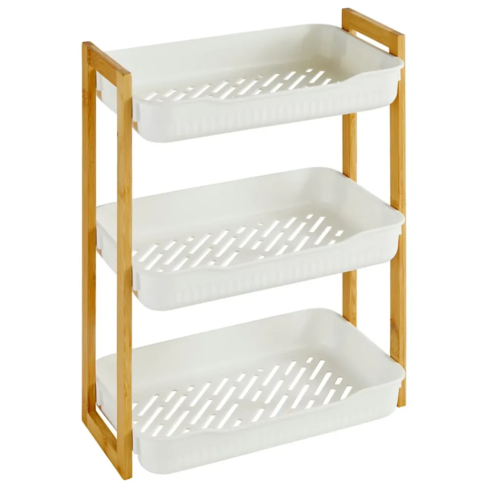 Five Simply Smart Etagère de salle de bain rectangulaire bambou et plastique blanc, 3 niveaux, H.45cm x P.35cm Naturéo