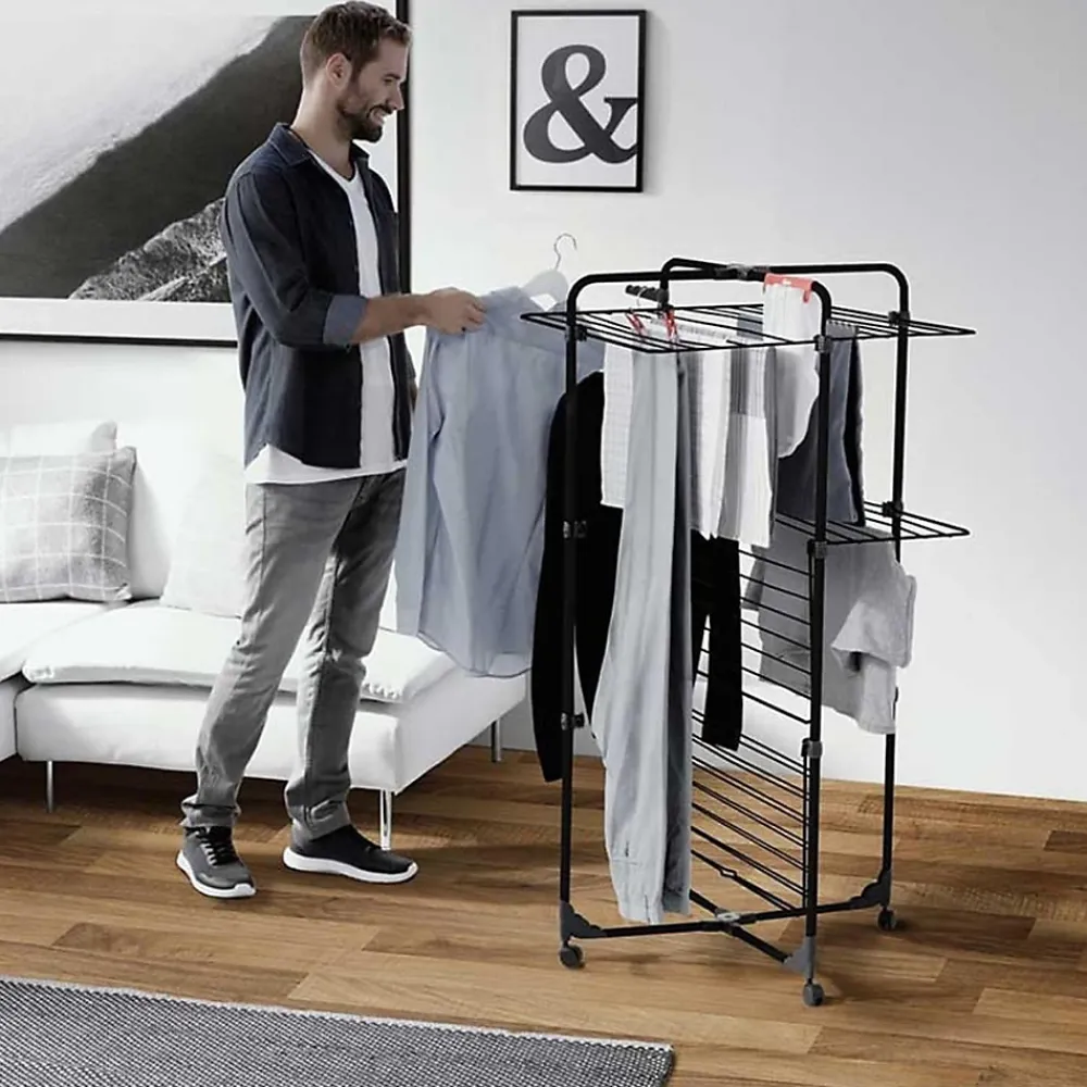 Vileda Etendoir à linge Intérieur 3 étages Séchoir à linge Pliable sur roulettes Tancarville Noir 93 x 71 x 131 cm