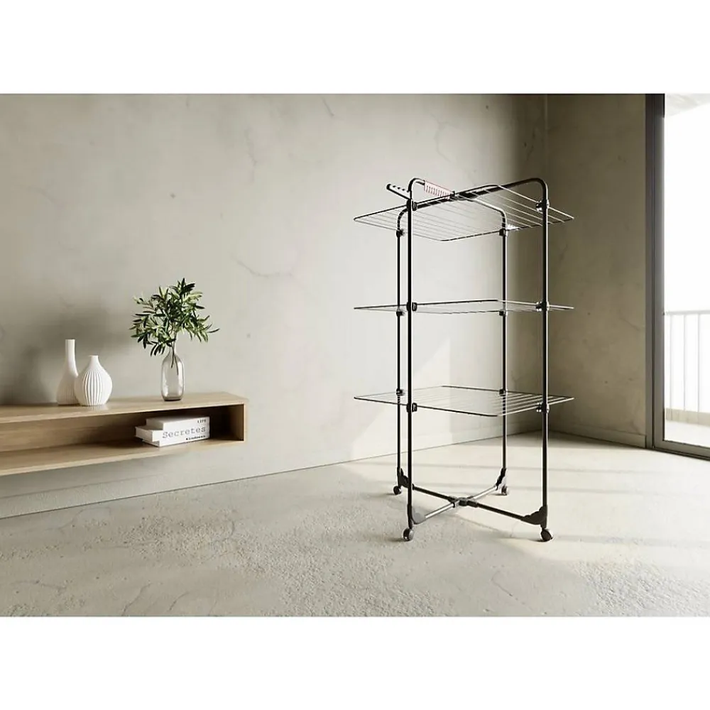 Vileda Etendoir à linge Intérieur 3 étages Séchoir à linge Pliable sur roulettes Tancarville Noir 93 x 71 x 131 cm