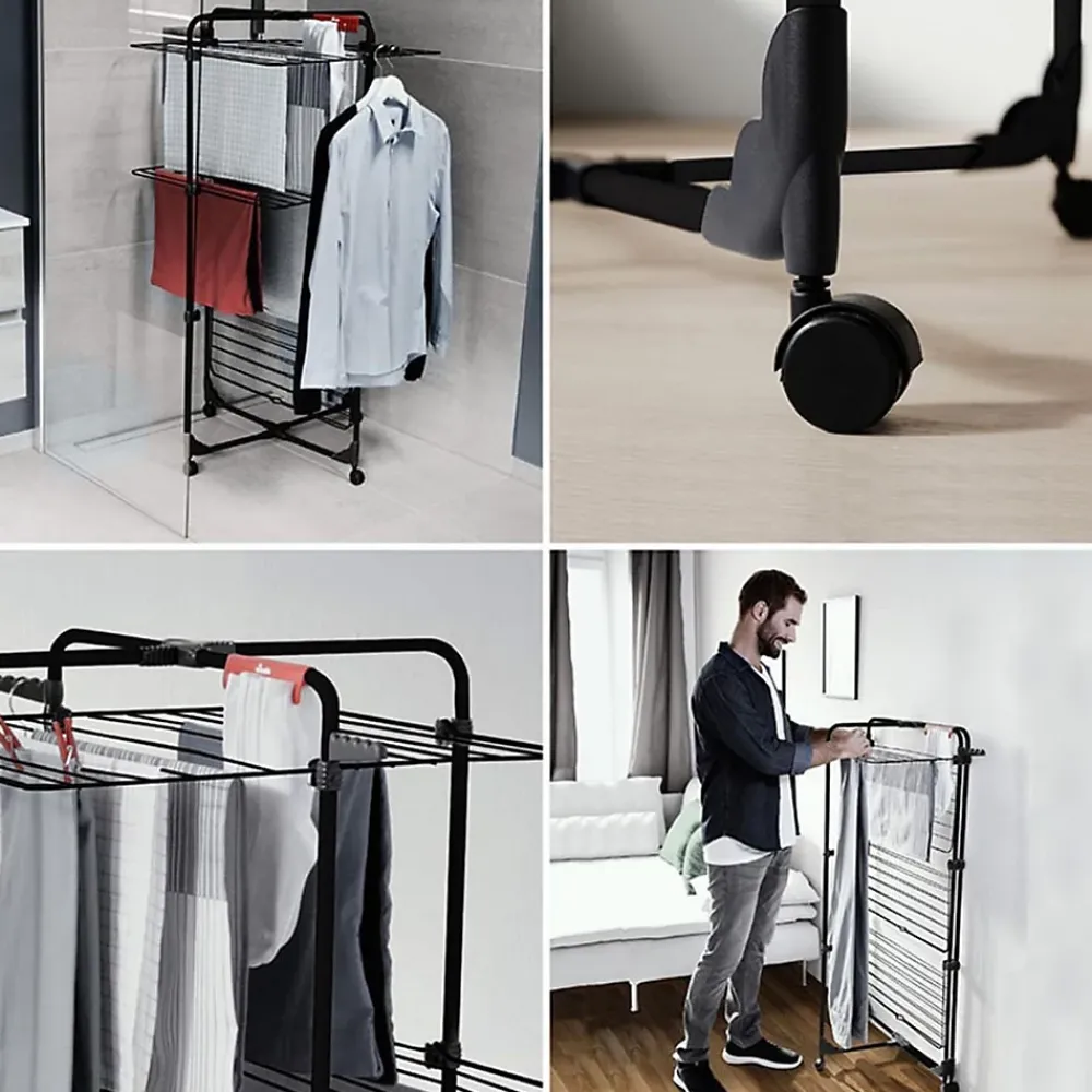 Vileda Etendoir à linge Intérieur 3 étages Séchoir à linge Pliable sur roulettes Tancarville Noir 93 x 71 x 131 cm