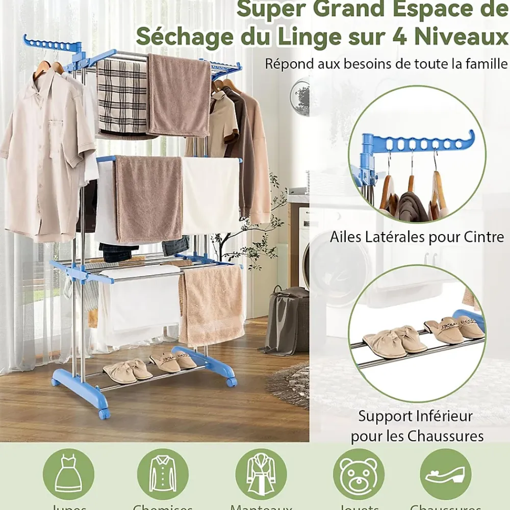 Etendoir À Linge|Giantex Etendoir a Linge Pliable a 4 Niveaux avec Ailes Laterales Rotatives et Etageres Pliables Sechoir avec Roues Verrouillables