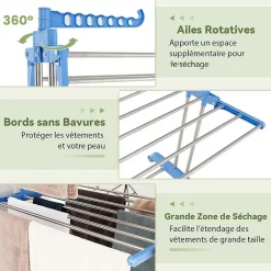 Etendoir À Linge|Giantex Etendoir a Linge Pliable a 4 Niveaux avec Ailes Laterales Rotatives et Etageres Pliables Sechoir avec Roues Verrouillables