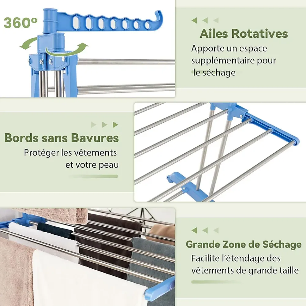 Etendoir À Linge|Giantex Etendoir a Linge Pliable a 4 Niveaux avec Ailes Laterales Rotatives et Etageres Pliables Sechoir avec Roues Verrouillables
