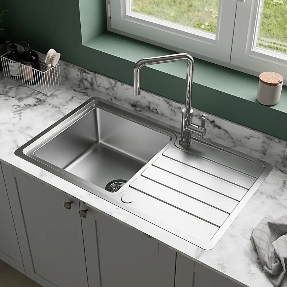 GoodHome Evier à encastrer en acier inoxydable 1 bac et égouttoir l. 50,5 x L.86,5 x P. 21,5 cm Quassia