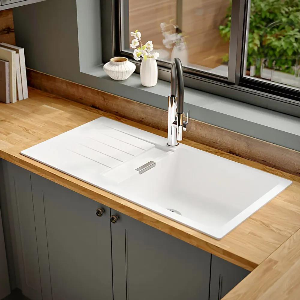 Evier Et Robinet De Buanderie|GoodHome Evier à encastrer en composite quartz blanc 1 bac et égouttoir l. 50 x H. 30,4 x P. 19,7 cm Torla