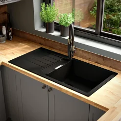 GoodHome Evier à encastrer en composite quartz gris 1 bac et égouttoir l. 50 x H. 30,4 x P. 19,7 cm Torla