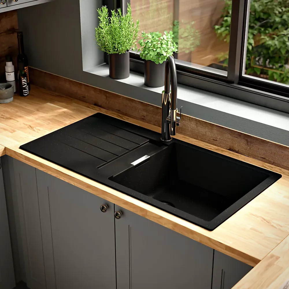 GoodHome Evier à encastrer en composite quartz gris 1 bac et égouttoir l. 50 x H. 30,4 x P. 19,7 cm Torla