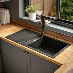 Evier Et Robinet De Buanderie|GoodHome Evier à encastrer en composite quartz noir 1 bac et égouttoir l. 50 x H. 30,4 x P. 19,7 cm Torla