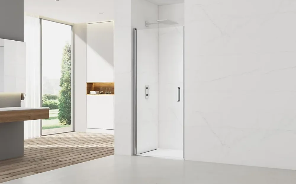 Swiss Aqua Technologies Fusion Porte de douche 100x195cm pivotante anticalcaire avec profilé chrome brillant (SATFUD100NIKA-SET)