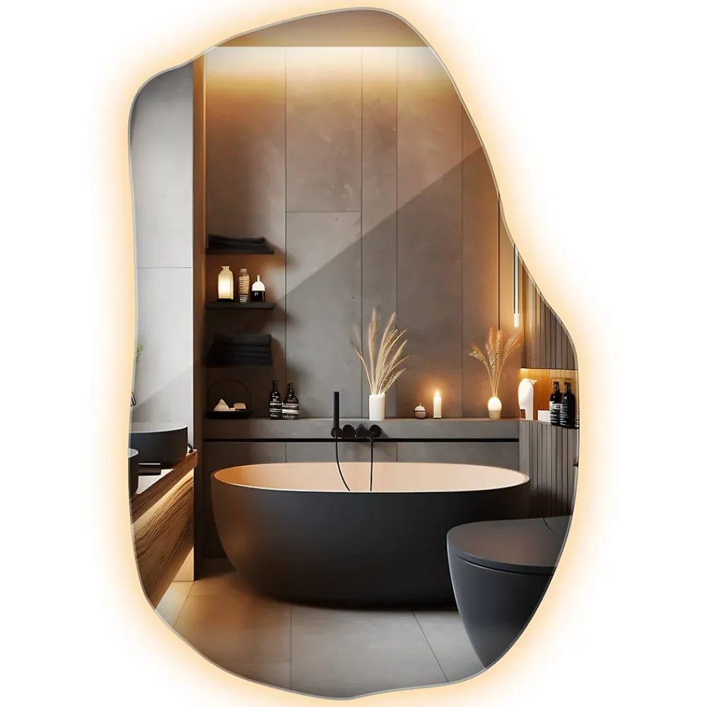 Wallfluent Grand Miroir LED Organique Galet 100x65cm Lumière Chaude Décoratif Asymétrique Naturel Tendance