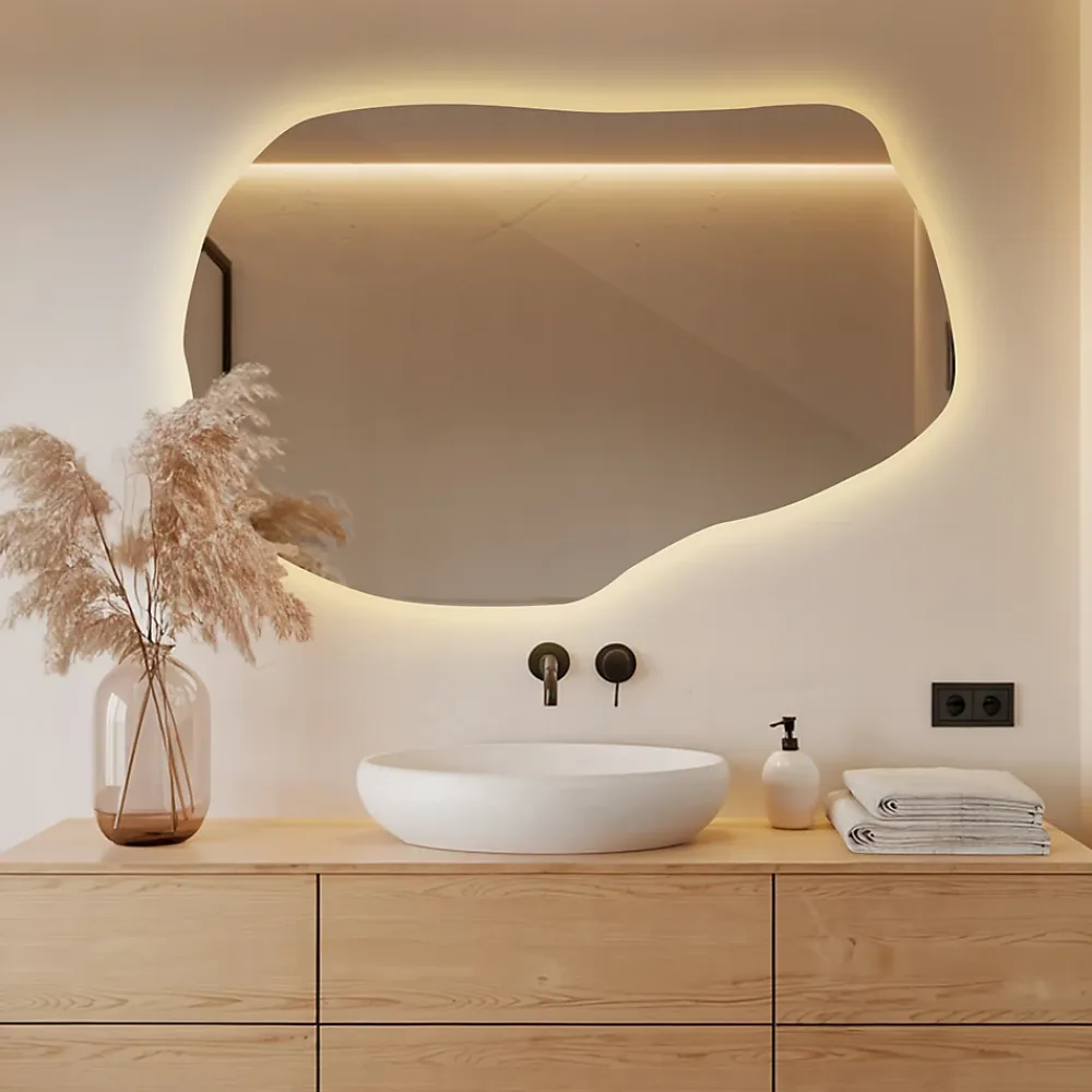 Wallfluent Grand Miroir LED Organique Galet 100x65cm Lumière Chaude Décoratif Asymétrique Naturel Tendance