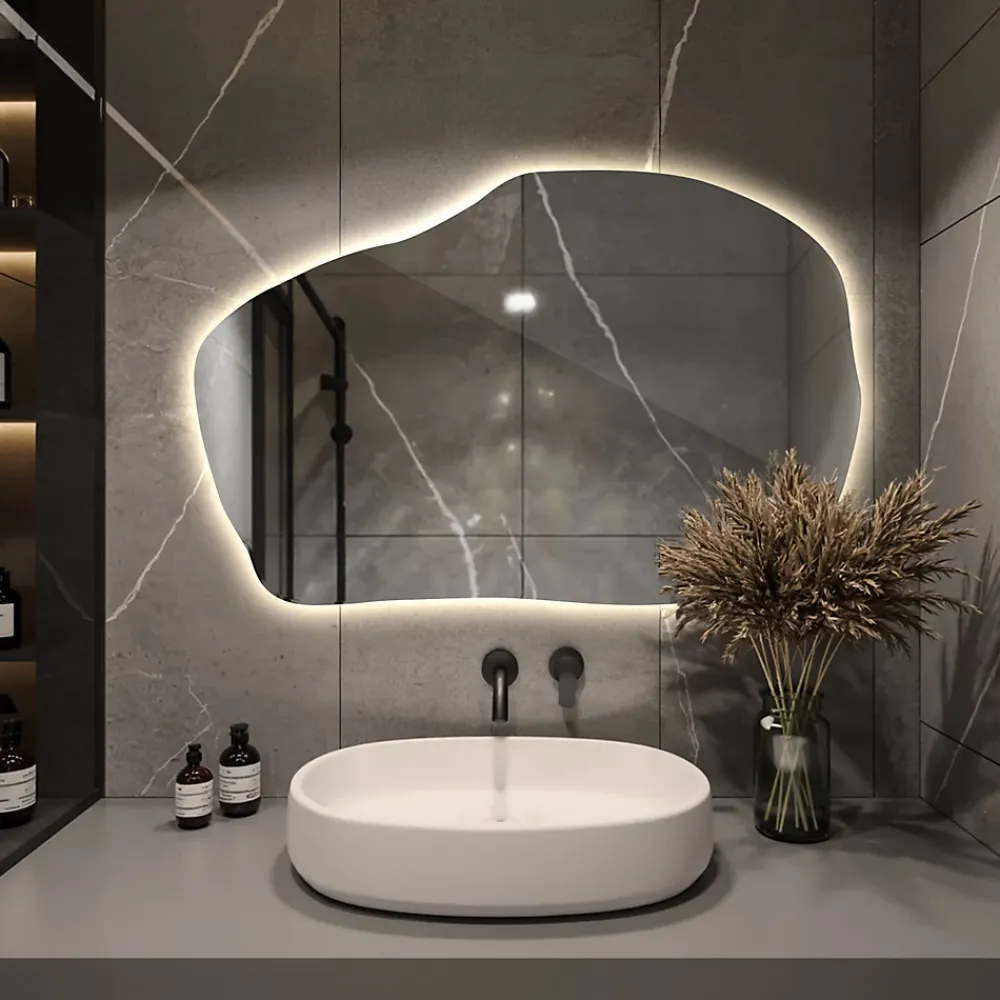 Wallfluent Grand Miroir LED Organique Galet 100x65cm Lumière Chaude Décoratif Asymétrique Naturel Tendance