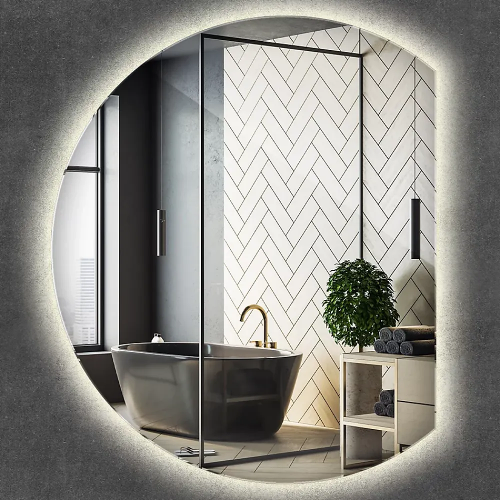 Miroir Lumineux|Wallfluent Grand Miroir LED Rond Bord Droit 84x100cm Lumière Neutre Décoratif Asymétrique Design Moderne