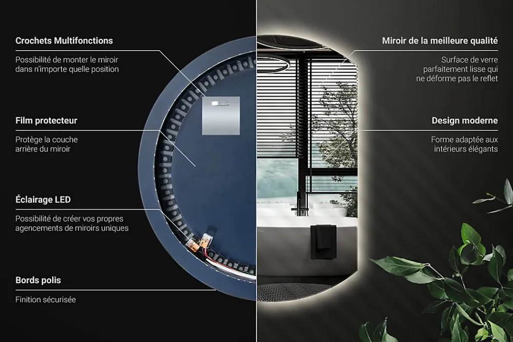 Miroir Lumineux|Wallfluent Grand Miroir LED Rond Bord Droit 84x100cm Lumière Neutre Décoratif Asymétrique Design Moderne