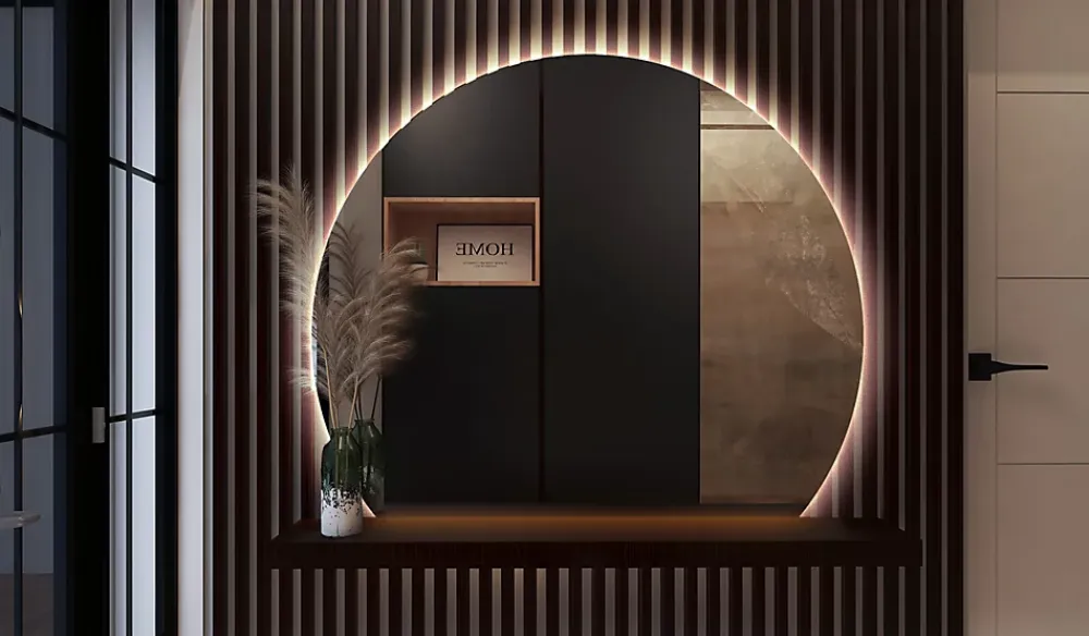 Miroir Lumineux|Wallfluent Grand Miroir LED Rond Bord Droit 84x100cm Lumière Neutre Décoratif Asymétrique Design Moderne