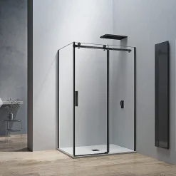 Grand Verre Cabine de douche style industriel avec porte coulissante 100x195 et paroi latérale 80x195 accessoires en noir mat