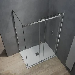 Grand Verre Cabine de douche style industriel avec porte coulissante 140 cm et paroi latérale 90 cm accessoires chromés