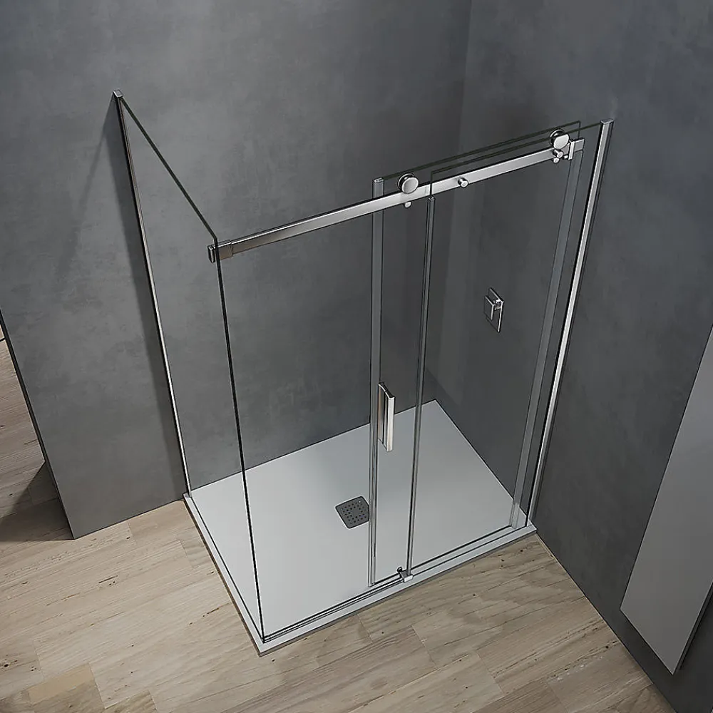 Grand Verre Cabine de douche style industriel avec porte coulissante 140 cm et paroi latérale 90 cm accessoires chromés