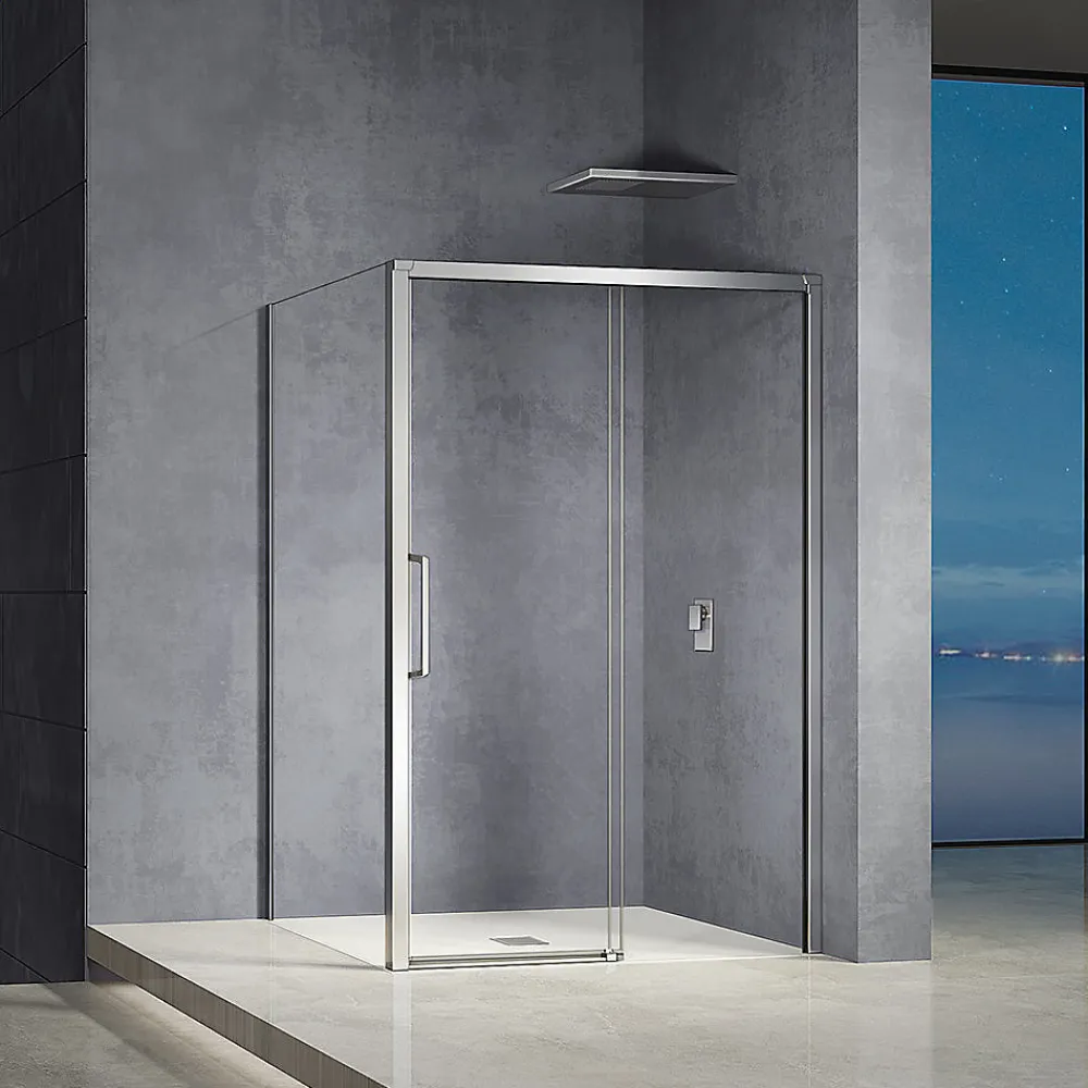 Cabine De Douche|Grand Verre Cabine de douche 150x90 avec ouverture coulissante accès de face profilés chromés