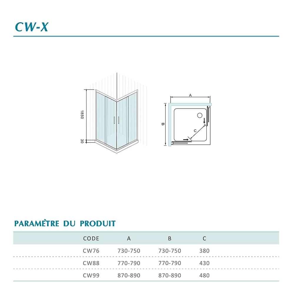 Grand Verre Cabine de douche d'angle 90x90 hauteur 185cm avec deux portes coulissantes profilés chromés
