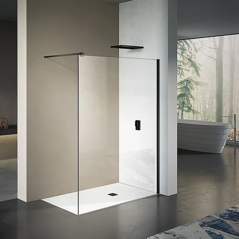Paroi De Douche|Grand Verre Paroi de douche 80x200 avec profilé et barre de fixation en noir mat en verre securit 8mm nano-vitrifié