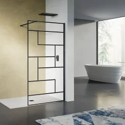 Grand Verre Paroi de douche design moderne 100x200 verre trempé d'épaisseur 8 mm sérigraphie linéaire noir mat