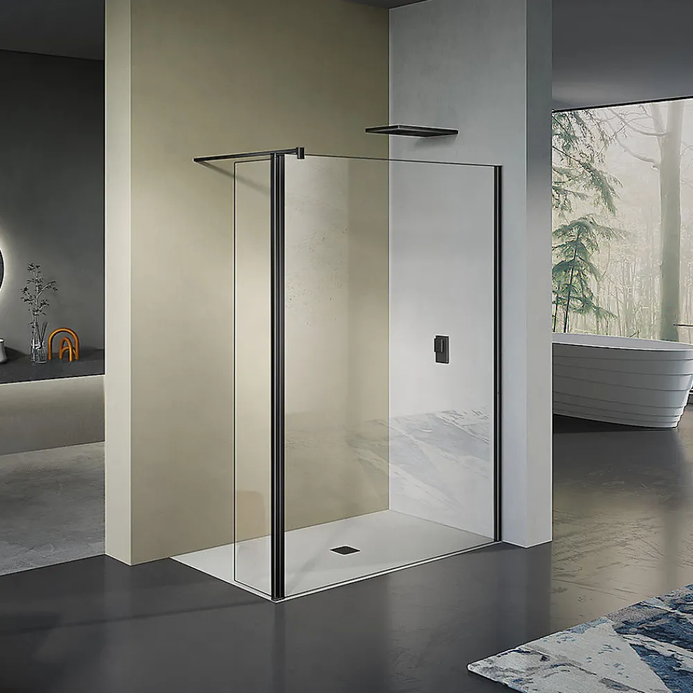 Grand Verre paroi de douche avec retour pivotant 70+30 cm hauteur 200 cm avec barre de fixation 90cm en noir mat