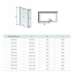 Grand Verre paroi de douche avec retour pivotant 70+30 cm hauteur 200 cm avec barre de fixation 90cm en noir mat