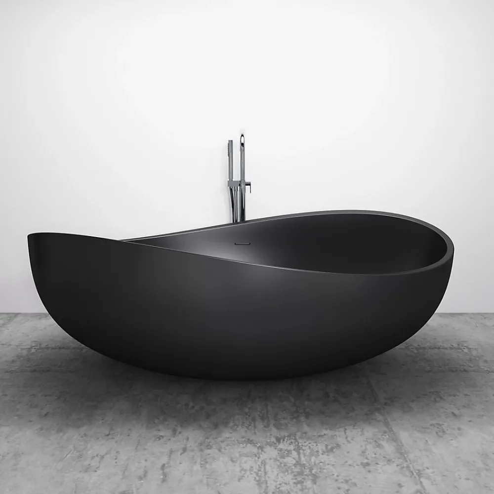 Baignoire Îlot|Bernstein Grande Baignoire îlot moderne fonte minérale salle de bain avec bonde et trop plein - 180x110x62cm - WAVE - Noir mat