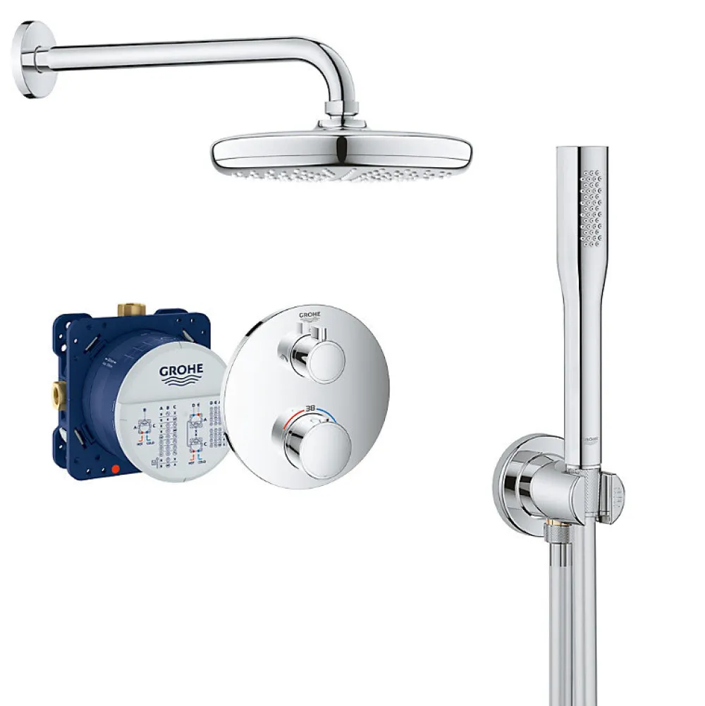 Grohe Grohtherm Set de douche encastré avec mitigeur thermostatique, douche de tête 210mm + Douchette avec support mural, Chrome