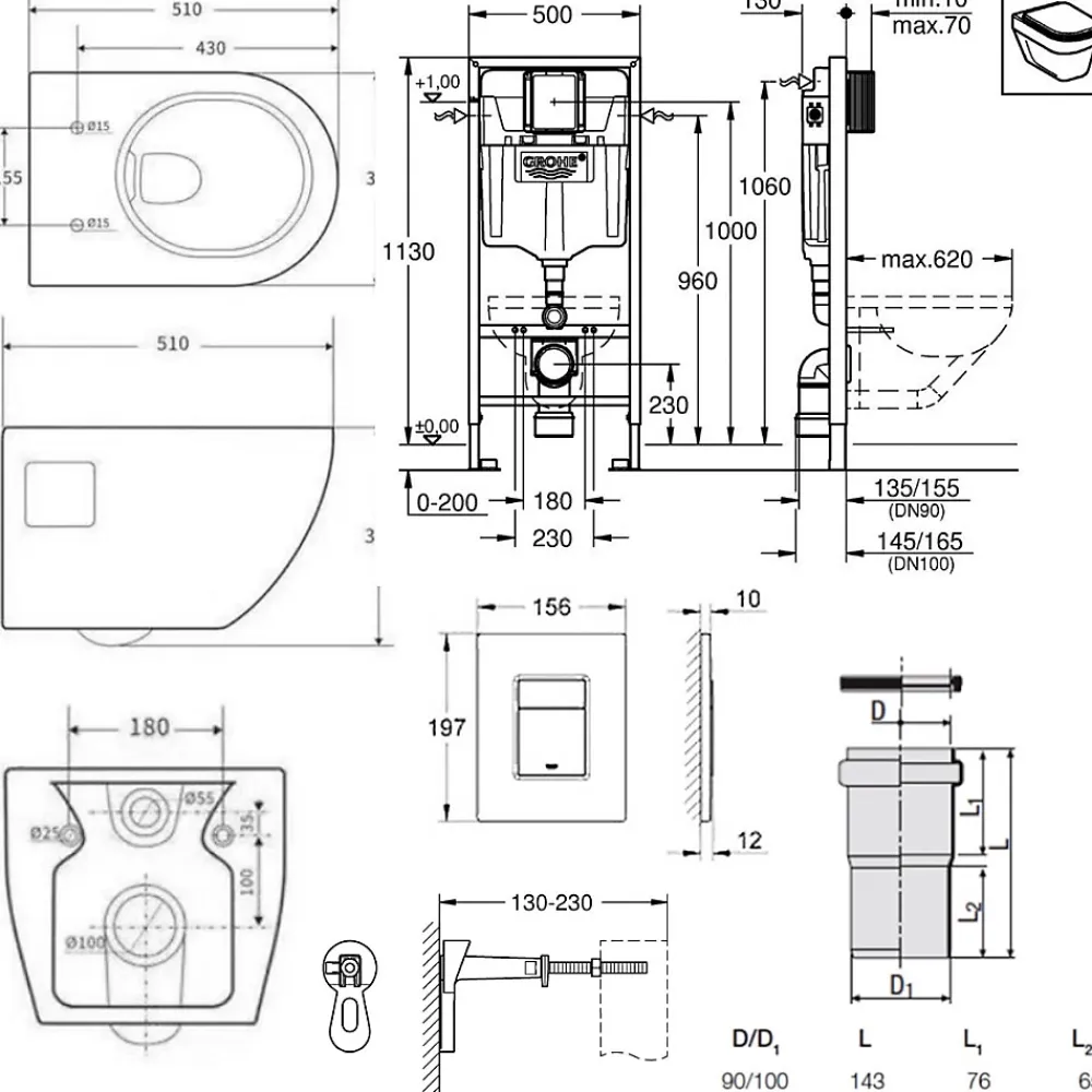 Grohe Pack WC Bâti-support Rapid SL + WC sans bride SAT + Abattant SoftClose + Plaque Noir mat (RapidSL-Project-KF0)