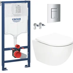 Wc Suspendu|Grohe Pack WC Bâti-support Rapid SL + WC SAT Tornado sans bride + Abattant SoftClose + Plaque chrome (RSLTORNADO1)