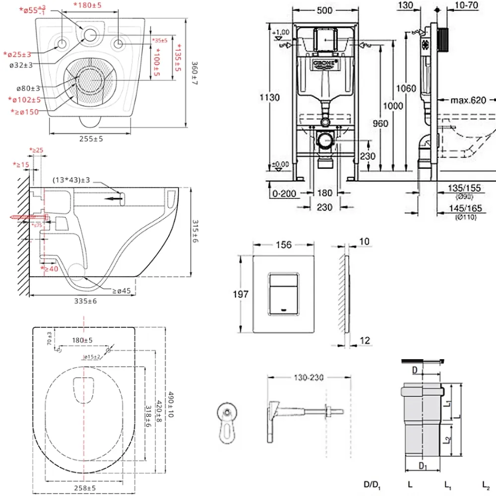 Wc Suspendu|Grohe Pack WC Bâti-support Rapid SL + WC SAT Tornado sans bride + Abattant SoftClose + Plaque chrome (RSLTORNADO1)