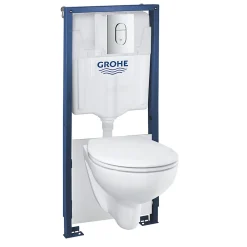 Wc Suspendu|Grohe Pack WC Bâti-support Rapid SL + WC Bau Ceramic sans bride + Abattant softclose + Plaque chrome (39418000)