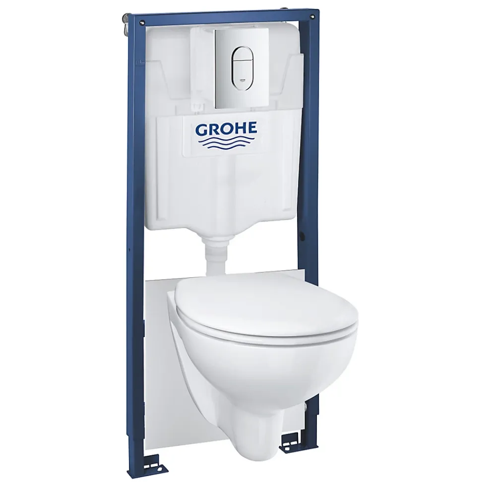 Wc Suspendu|Grohe Pack WC Bâti-support Rapid SL + WC Bau Ceramic sans bride + Abattant softclose + Plaque chrome (39418000)