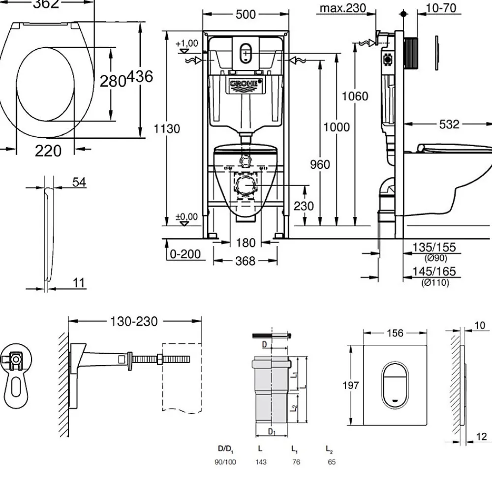 Wc Suspendu|Grohe Pack WC Bâti-support Rapid SL + WC Bau Ceramic sans bride + Abattant softclose + Plaque chrome (39418000)