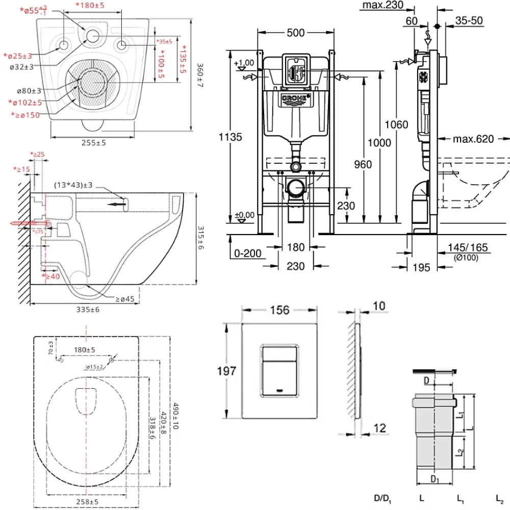 Wc Suspendu|Grohe Pack WC Bâti-support autoportant Rapid SL + WC SAT Tornado sans bride + Abattant SoftClose + Plaque chrome (PROTORNADO1)
