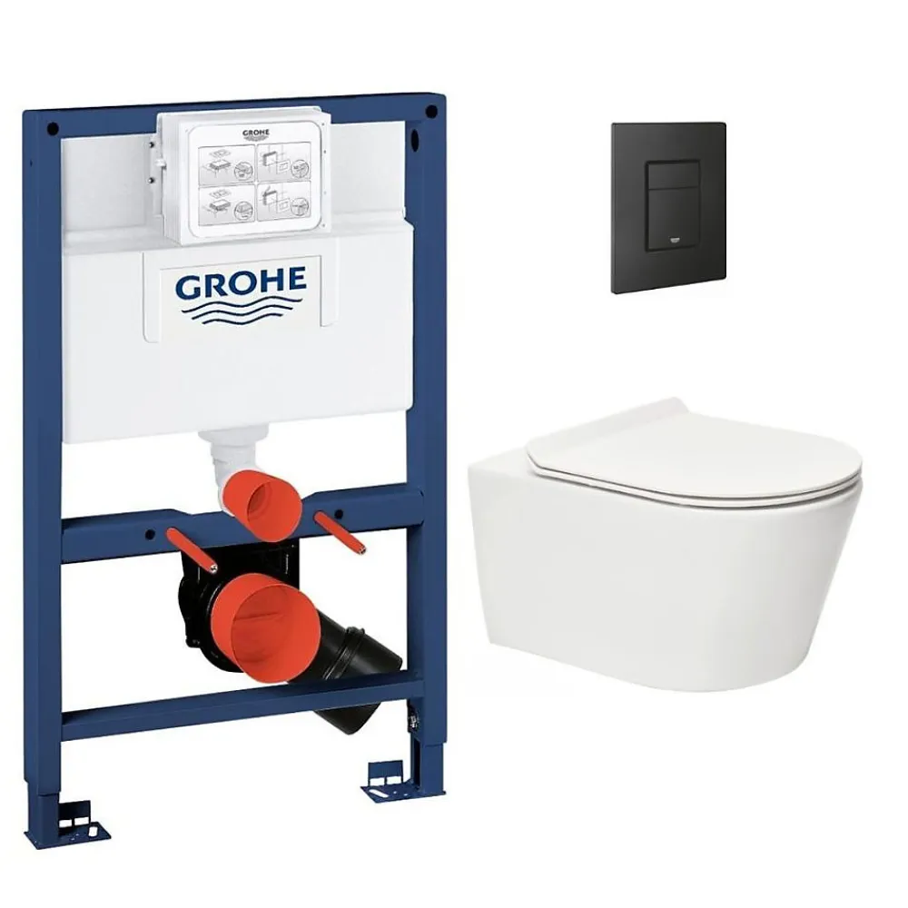 Wc Suspendu|Grohe Pack WC Bâti-support Rapid SL + WC sans bride SAT Brevis + Plaque Noir mat (RapidSL082-Brevis-KF0)