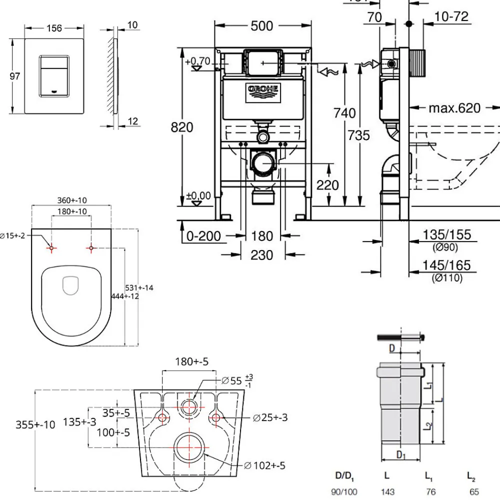 Wc Suspendu|Grohe Pack WC Bâti-support Rapid SL + WC sans bride SAT Brevis + Plaque Noir mat (RapidSL082-Brevis-KF0)