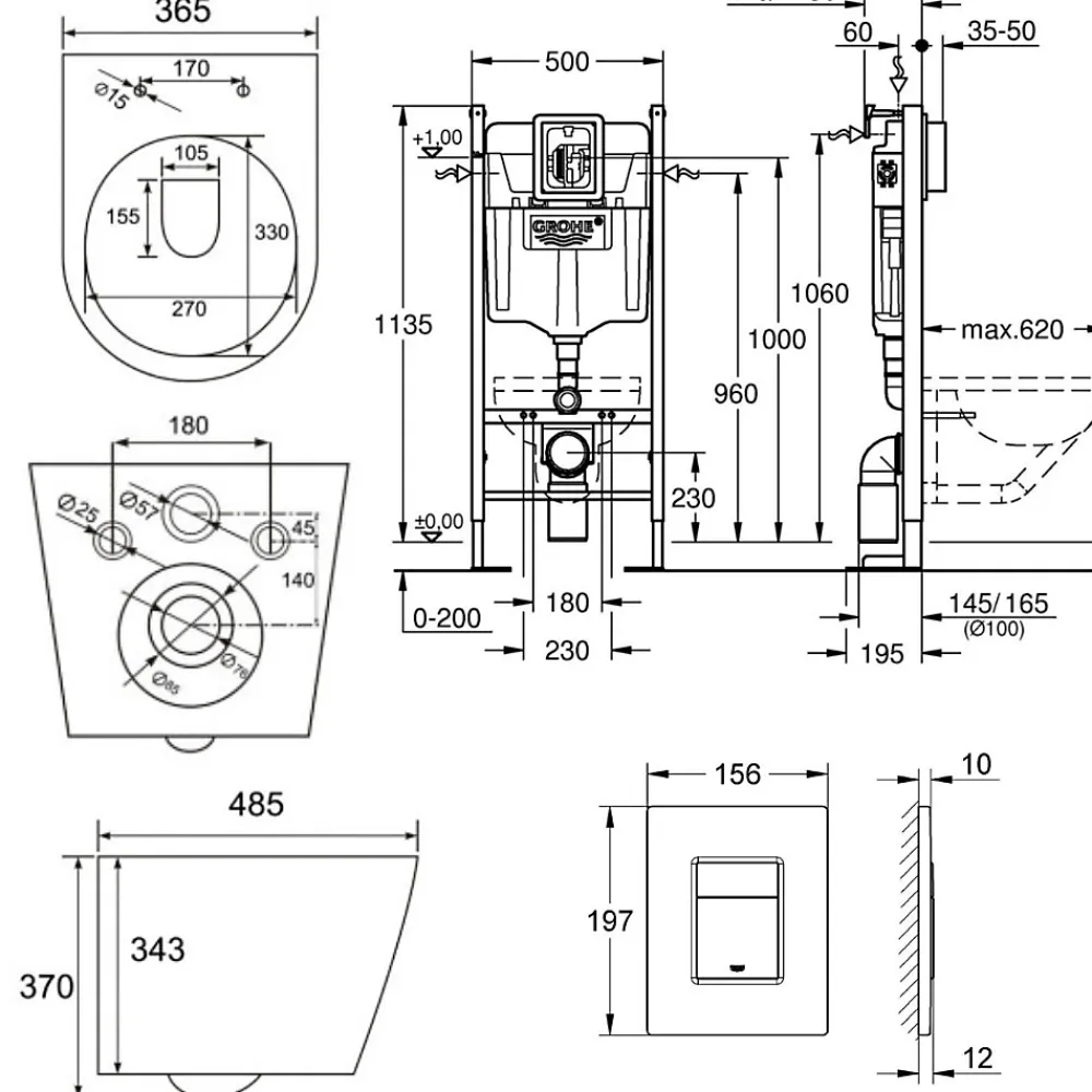 Wc Suspendu|Grohe Pack WC Rapid SL + Cuvette sans bride SAT, fixations invisibles + Plaque Noir mat (RapidSL082-SATrimless-KF0)