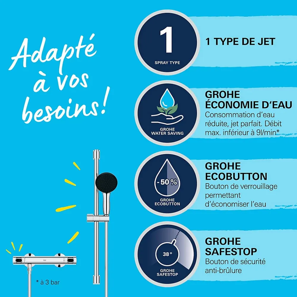 Grohe Precision Flow Mitigeur Thermostatique ensemble de douche avec barre 60cm 34800001