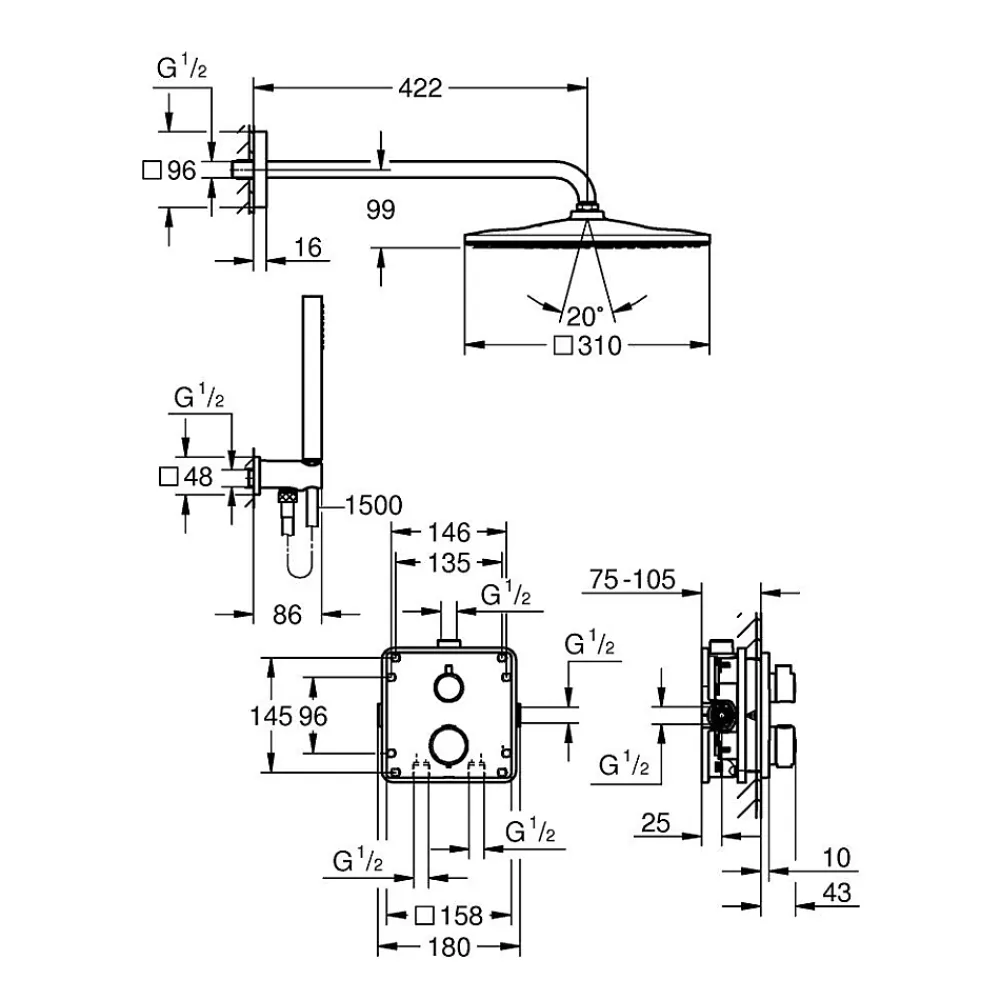 Nicoll Grohe Precision Set de douche encastrée avec mitigeur thermostatique + Douche de tête + Douchette, chrome (G34881000)