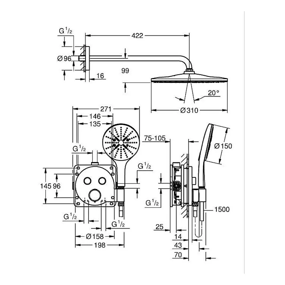Colonne De Douche Sans Robinetterie|Grohe Precision SmartControl Set de douche encastrée façade thermostatique + Douche de tête + Douchette 3 jets, chrome (G34877000)