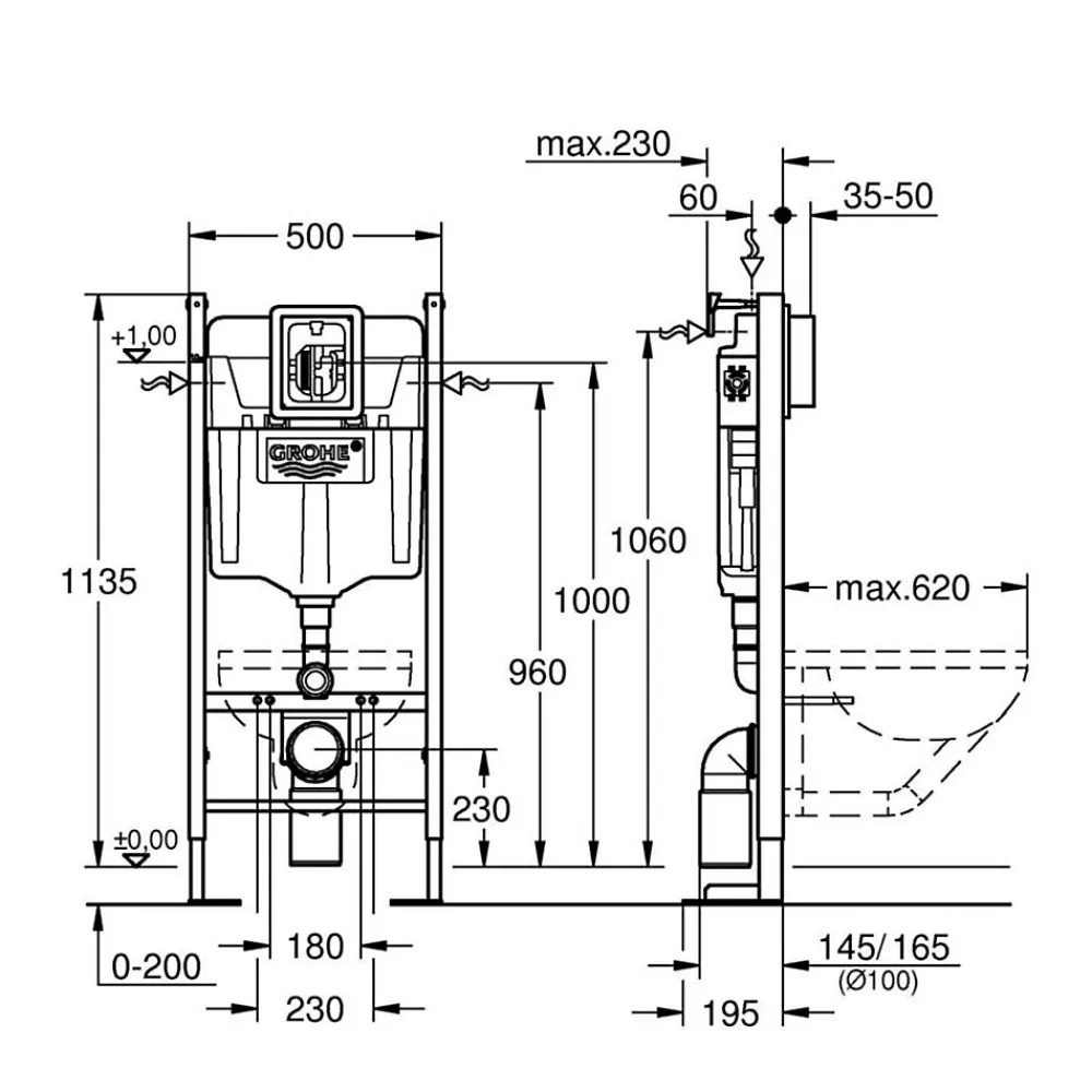 Wc Suspendu|Grohe RAPID SL Project bâti support autoportant pour WC, 1.13m 39145000