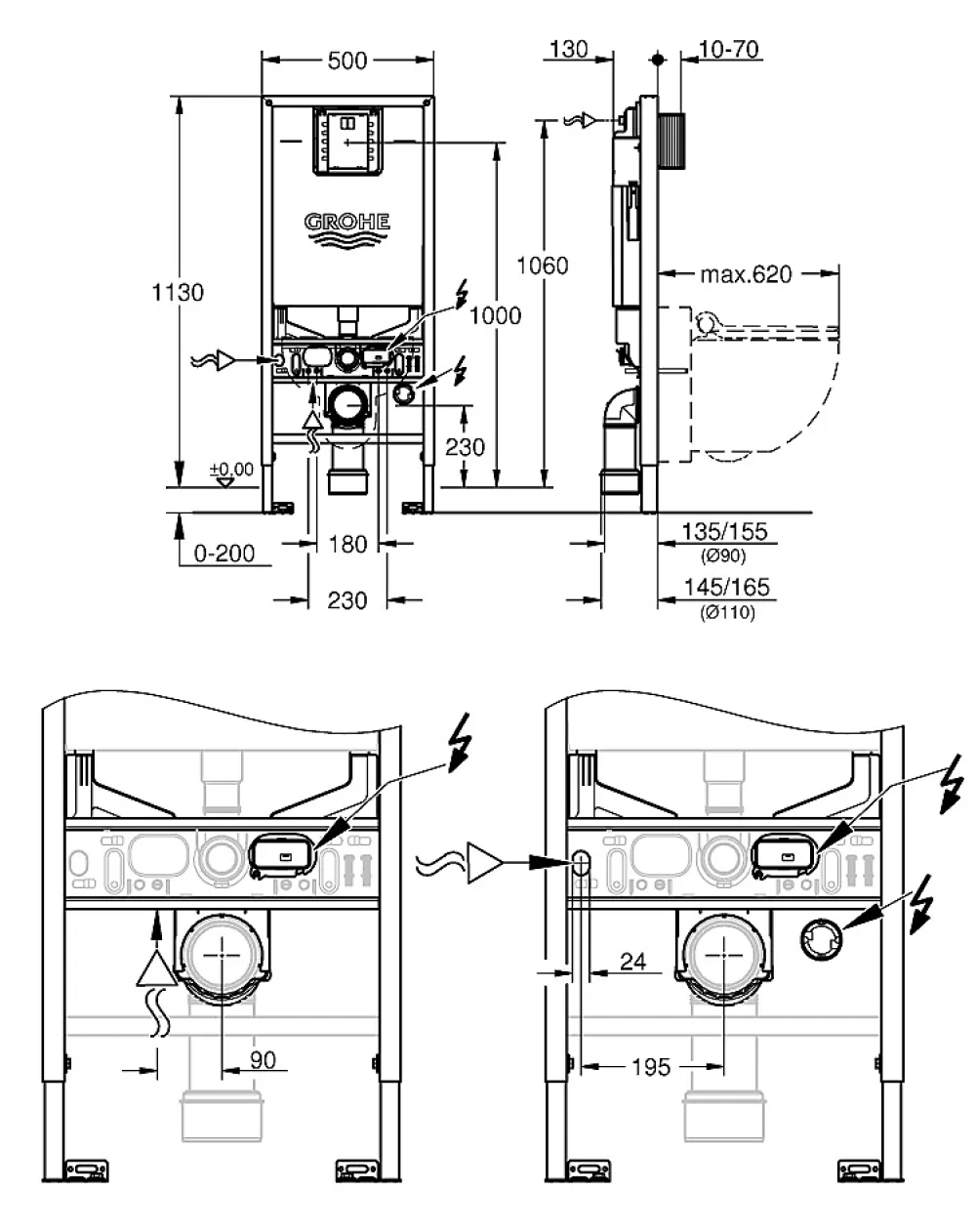 Wc À Poser|Grohe Rapid SLX Bâti support WC, 1,13M, avec prise et raccordement pour WC lavant (39596000)