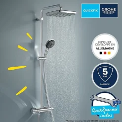 Grohe Vitalio Comfort 250 Colonne de douche avec mitigeur thermostatique + Douche de tête + Douchette 2 jets, chrome (G26696001)